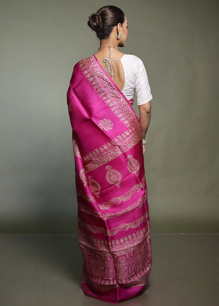 Purple Printed Pure Silk Saree Without Blouse Piece - Image 3