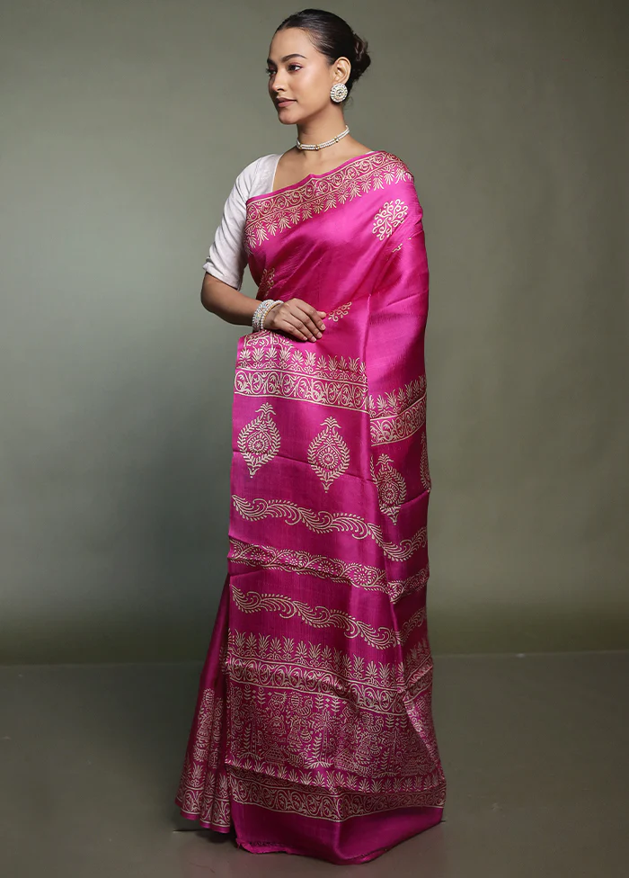 Purple Printed Pure Silk Saree Without Blouse Piece - Image 4