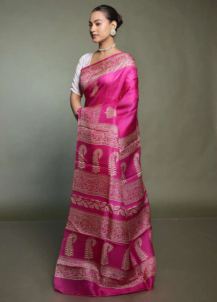 Purple Printed Pure Silk Saree Without Blouse Piece - Image 4