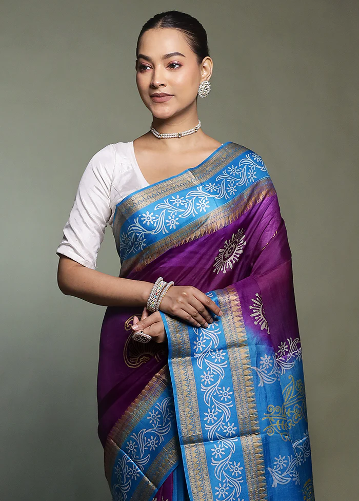 Purple Printed Pure Silk Saree Without Blouse Piece