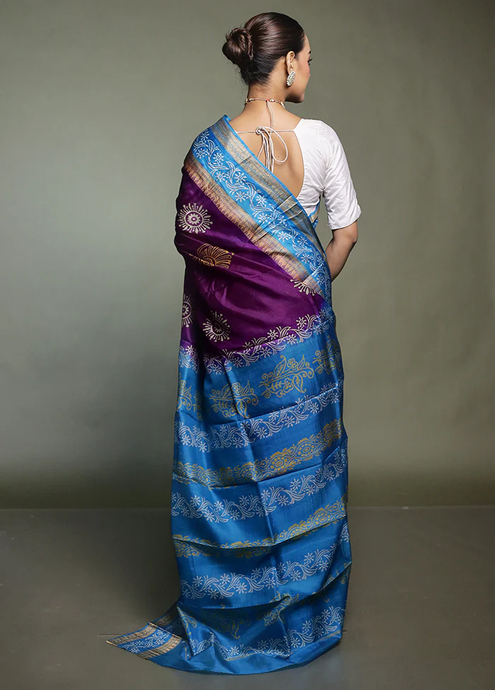 Purple Printed Pure Silk Saree Without Blouse Piece - Image 3