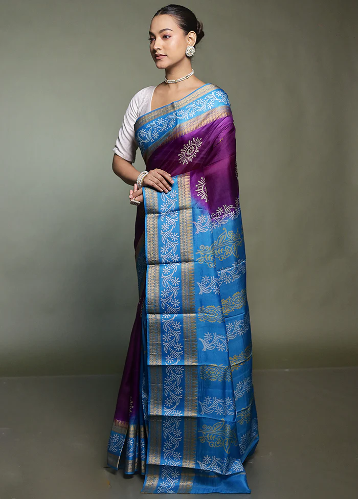 Purple Printed Pure Silk Saree Without Blouse Piece - Image 4