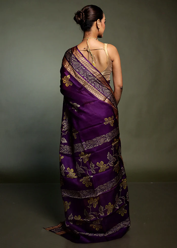 Purple Printed Pure Silk Saree Without Blouse Piece - Image 3