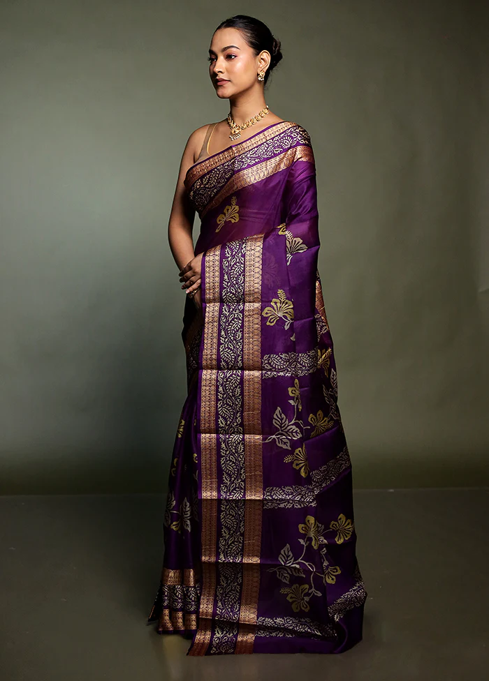 Purple Printed Pure Silk Saree Without Blouse Piece - Image 4
