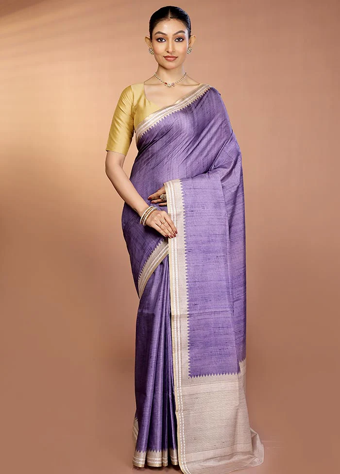 Purple Printed Pure Silk Saree Without Blouse Piece - Image 2