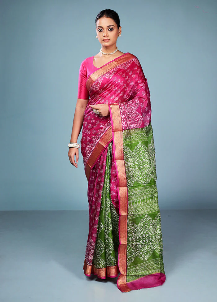 Purple Printed Pure Silk Saree Without Blouse Piece - Image 2