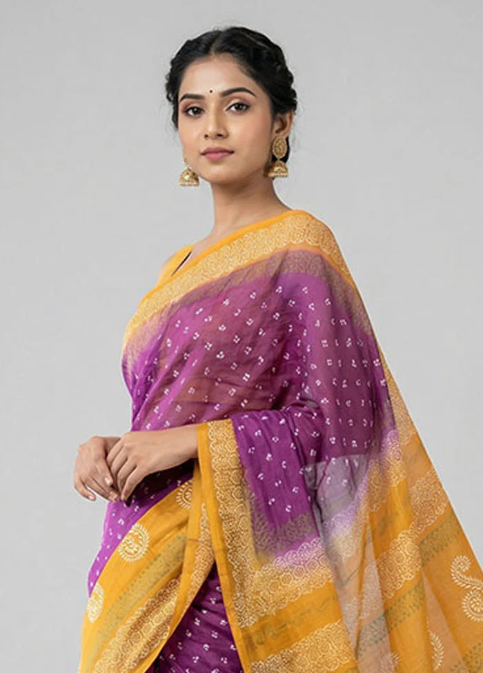 Purple Printed Silk Saree Without Blouse Piece - Image 2