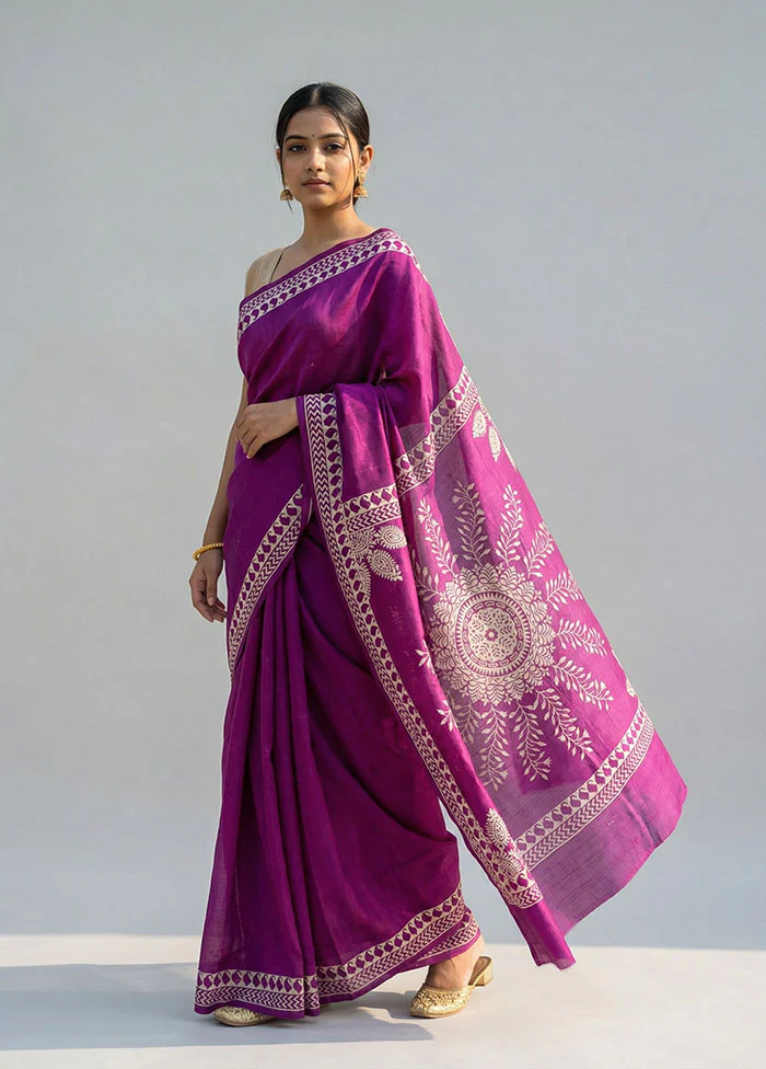 Purple Printed Silk Saree Without Blouse Piece