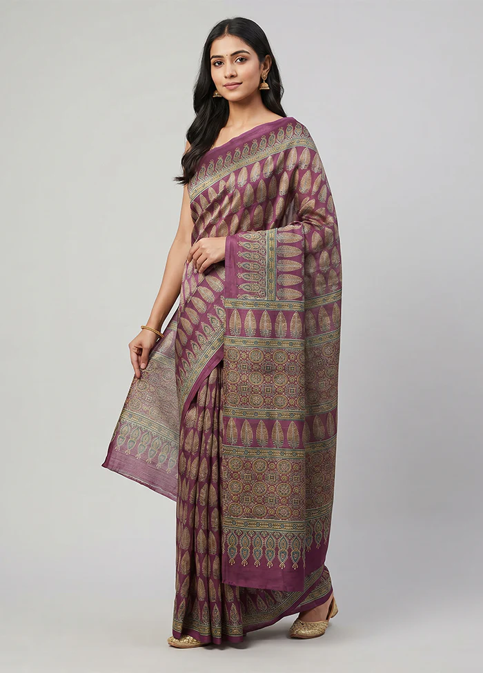 Purple Printed Silk Saree Without Blouse Piece