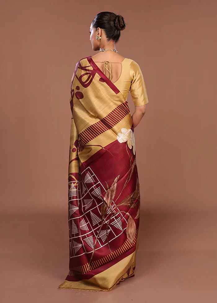 Purple Printed Pure Silk Saree Without Blouse Piece - Image 3