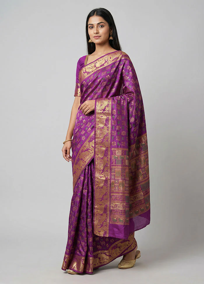 Purple Printed Pure Silk Saree Without Blouse Piece