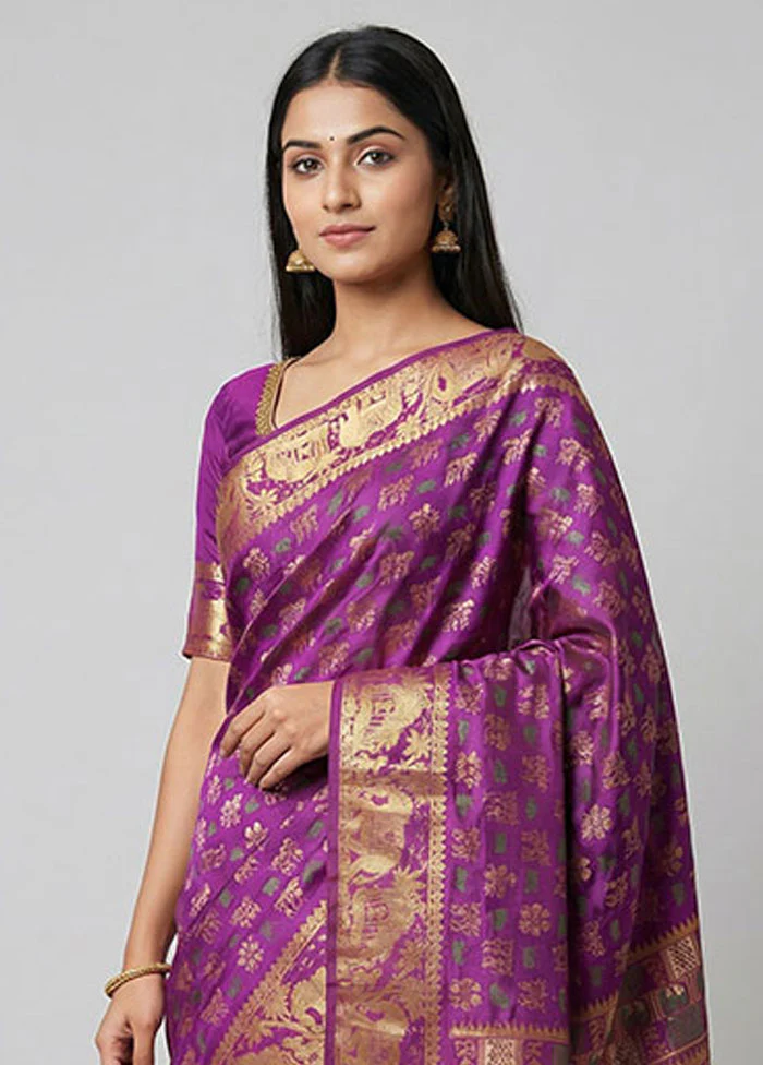 Purple Printed Pure Silk Saree Without Blouse Piece - Image 2