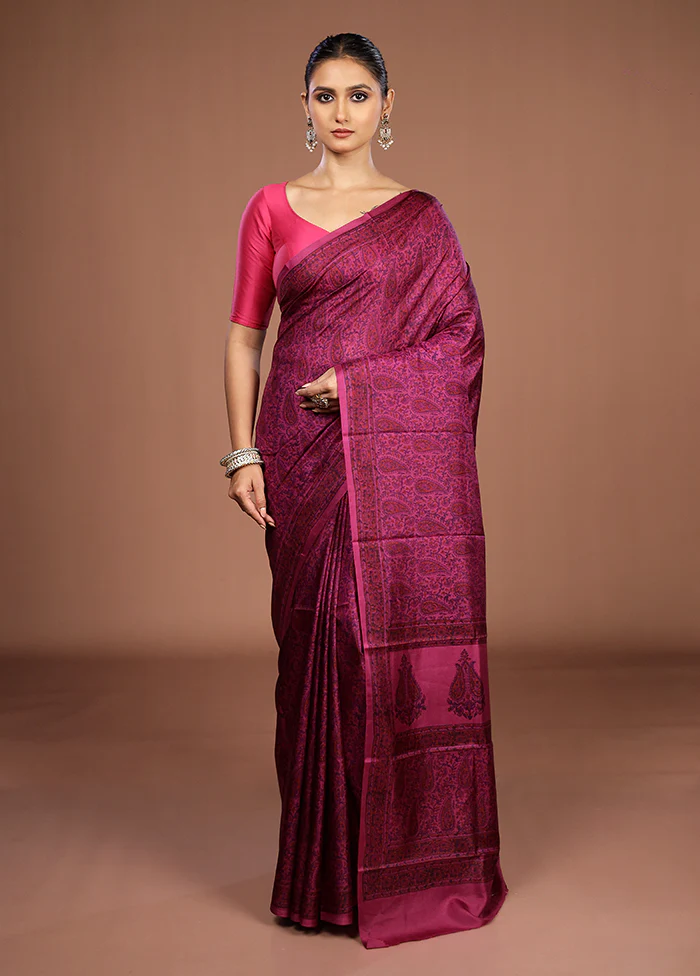 Purple Printed Pure Silk Saree Without Blouse Piece - Image 2
