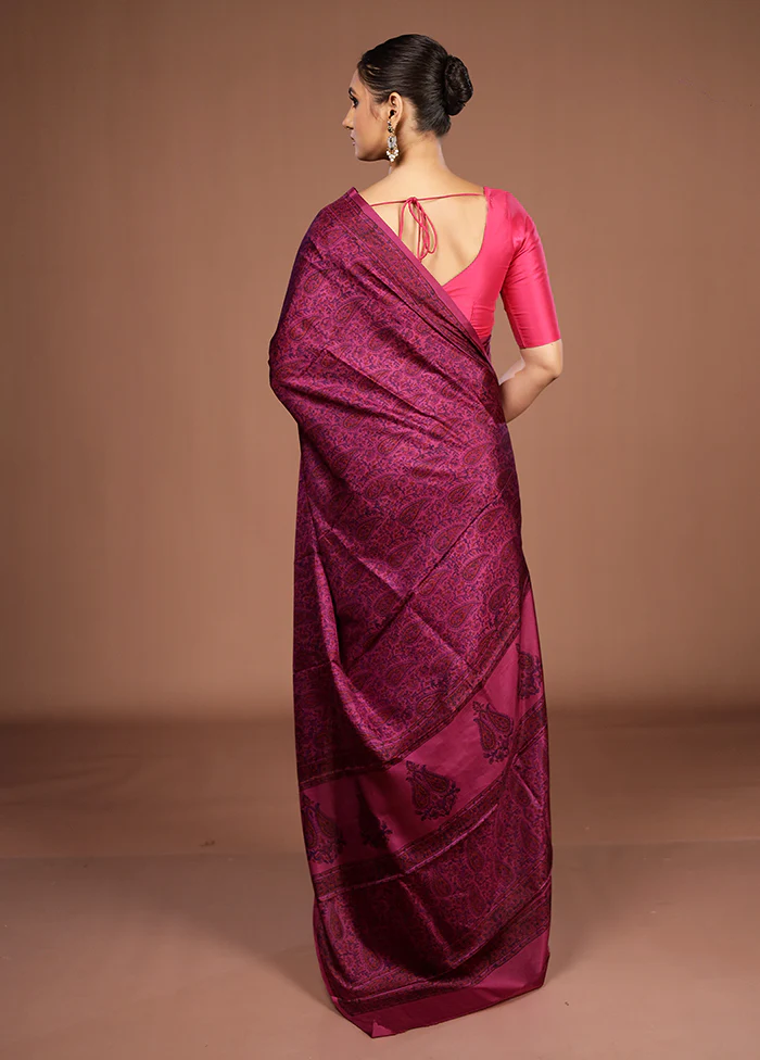 Purple Printed Pure Silk Saree Without Blouse Piece - Image 3