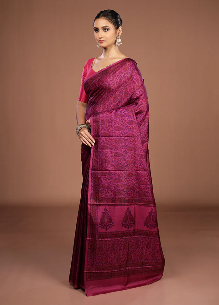 Purple Printed Pure Silk Saree Without Blouse Piece - Image 4