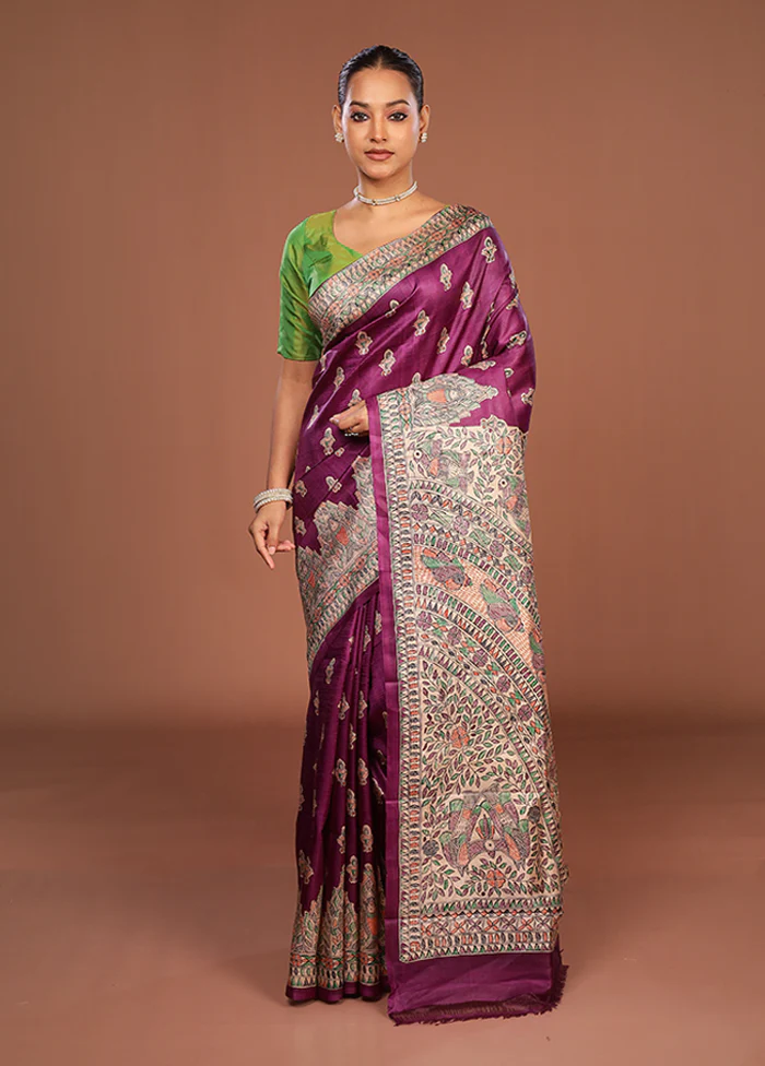 Purple Printed Silk Saree Without Blouse Piece - Image 2