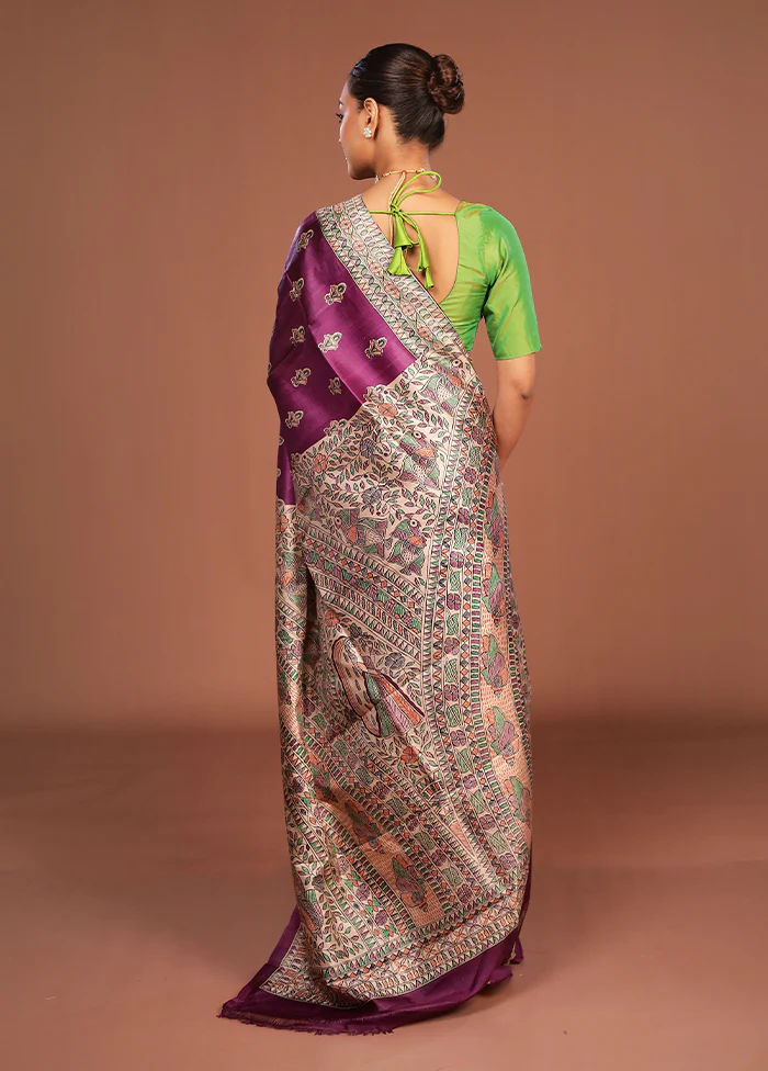 Purple Printed Silk Saree Without Blouse Piece - Image 3