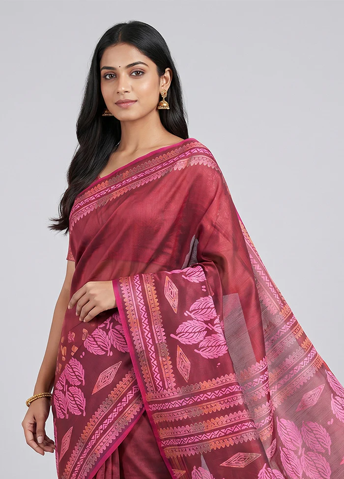 Purple Printed Silk Saree Without Blouse Piece - Image 2