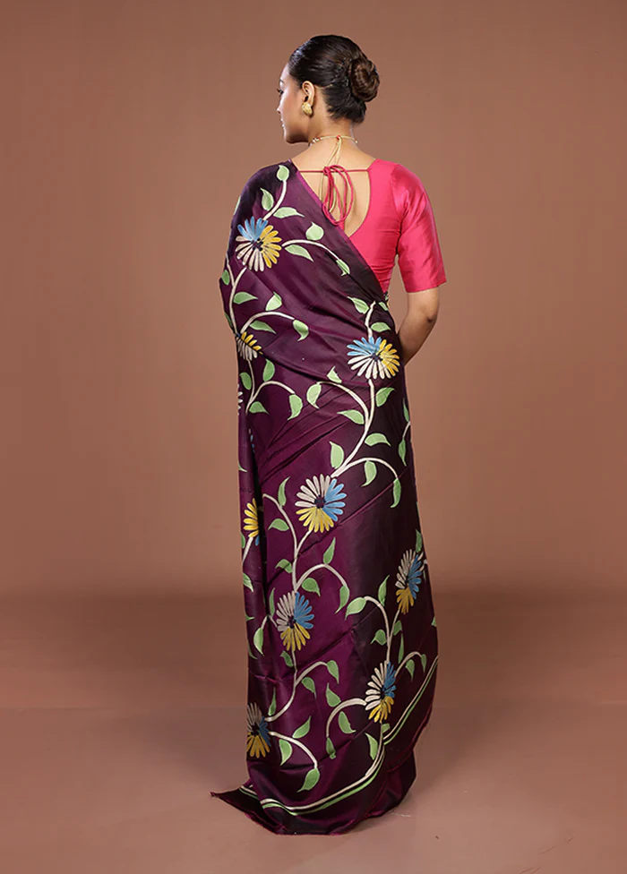Purple Printed Pure Silk Saree Without Blouse Piece - Image 3