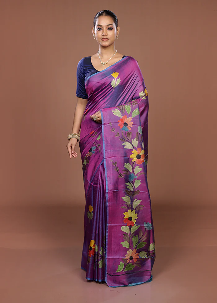 Purple Printed Pure Silk Saree Without Blouse Piece - Image 2