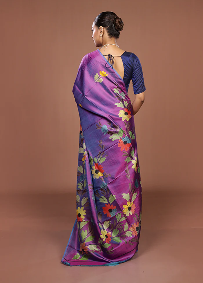 Purple Printed Pure Silk Saree Without Blouse Piece - Image 3