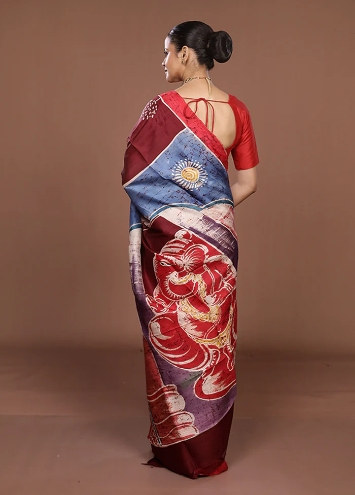 Purple Printed Silk Saree Without Blouse Piece - Image 3