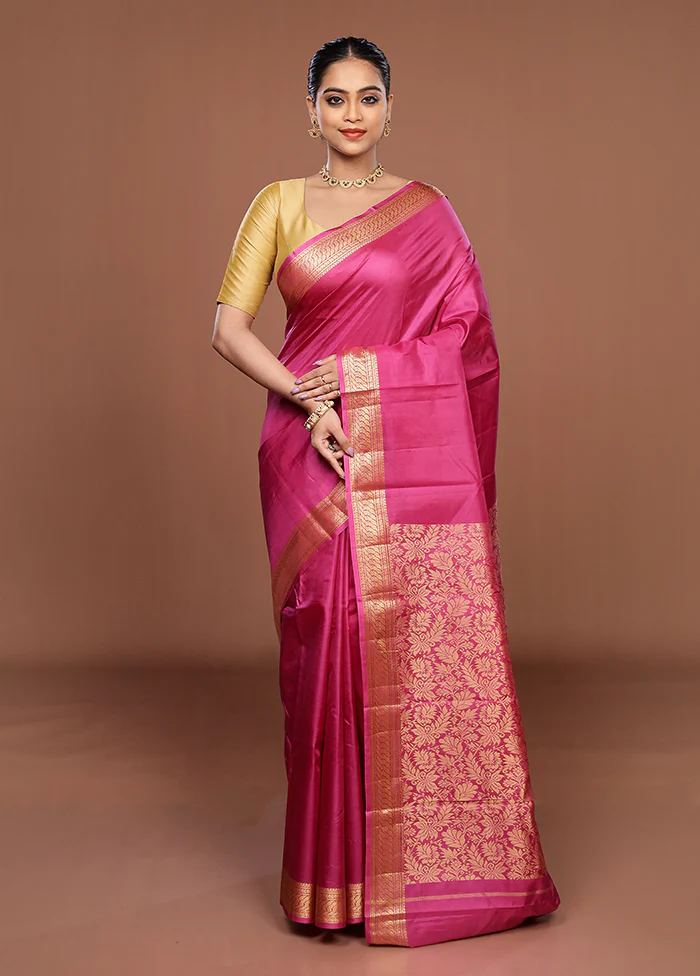 Purple Printed Pure Silk Saree Without Blouse Piece - Image 2