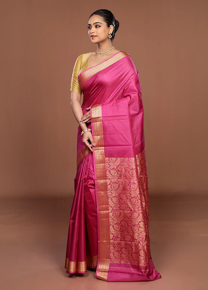 Purple Printed Pure Silk Saree Without Blouse Piece - Image 4