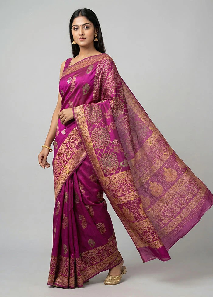 Purple Printed Silk Saree Without Blouse Piece