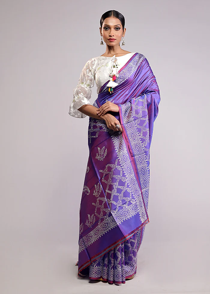 Purple Printed Silk Saree Without Blouse Piece - Image 2
