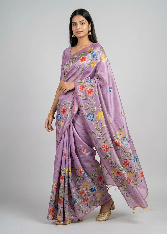 Purple Printed Pure Silk Saree Without Blouse Piece