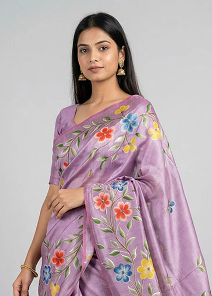 Purple Printed Pure Silk Saree Without Blouse Piece - Image 2