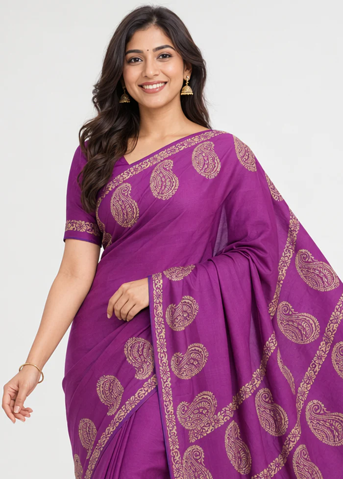 Purple Printed Pure Silk Saree Without Blouse Piece - Image 2