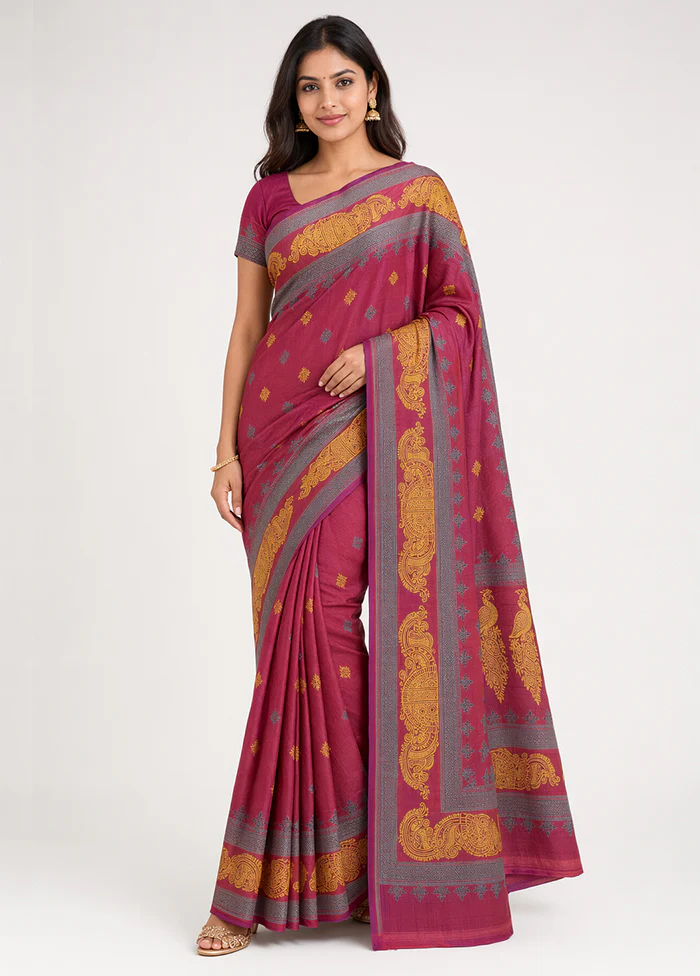 Purple Printed Pure Silk Saree Without Blouse Piece