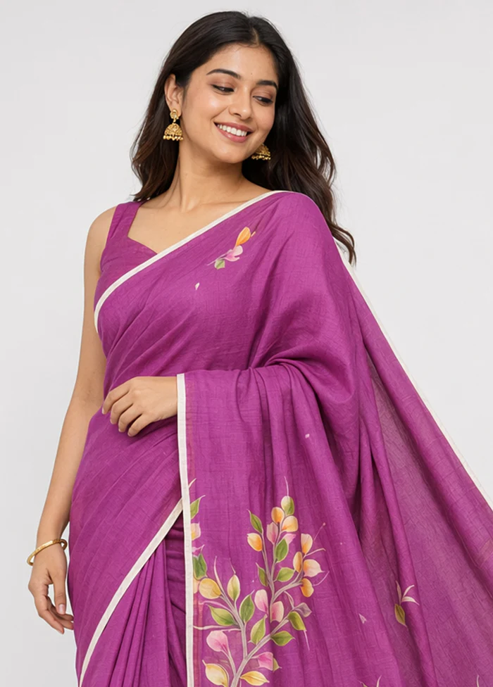 Purple Printed Pure Silk Saree Without Blouse Piece - Image 2
