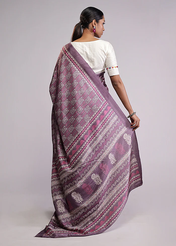 Purple Printed Silk Saree Without Blouse Piece - Image 3