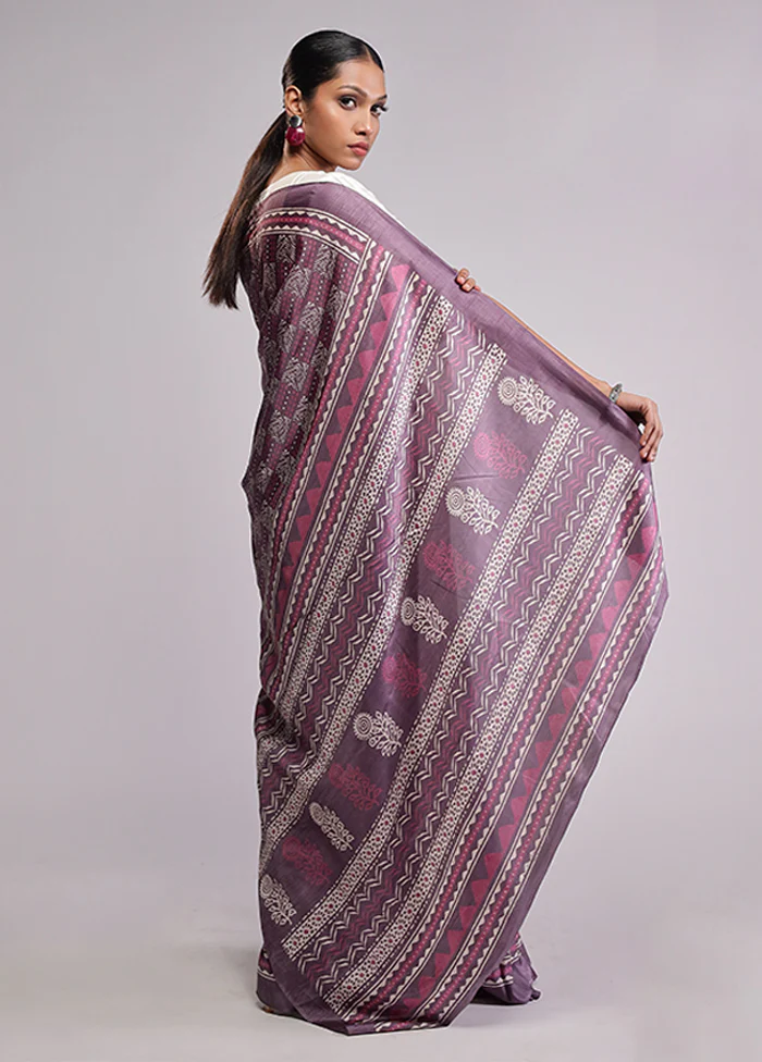 Purple Printed Silk Saree Without Blouse Piece - Image 4