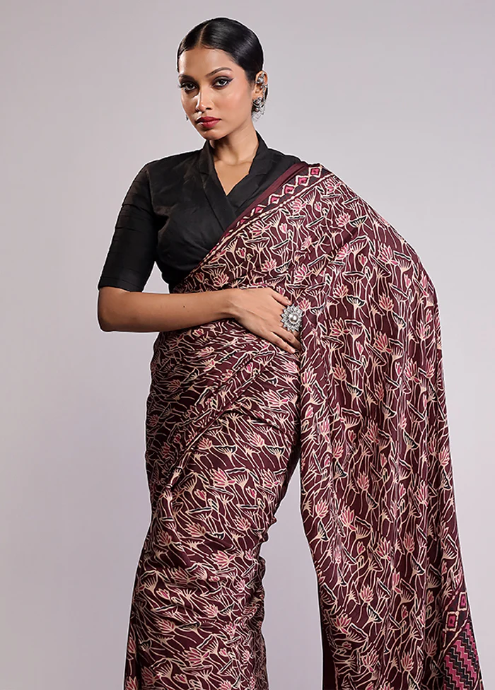 Maroon Printed Silk Saree With Blouse Piece