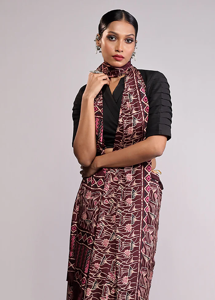 Maroon Printed Silk Saree With Blouse Piece