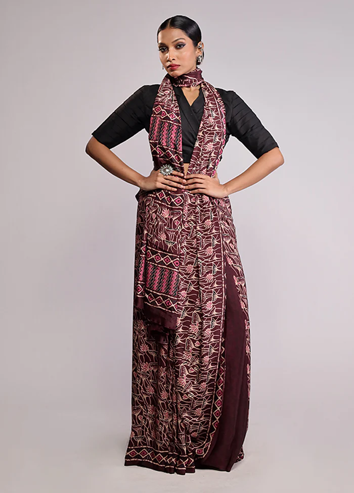Maroon Printed Silk Saree With Blouse Piece - Image 2