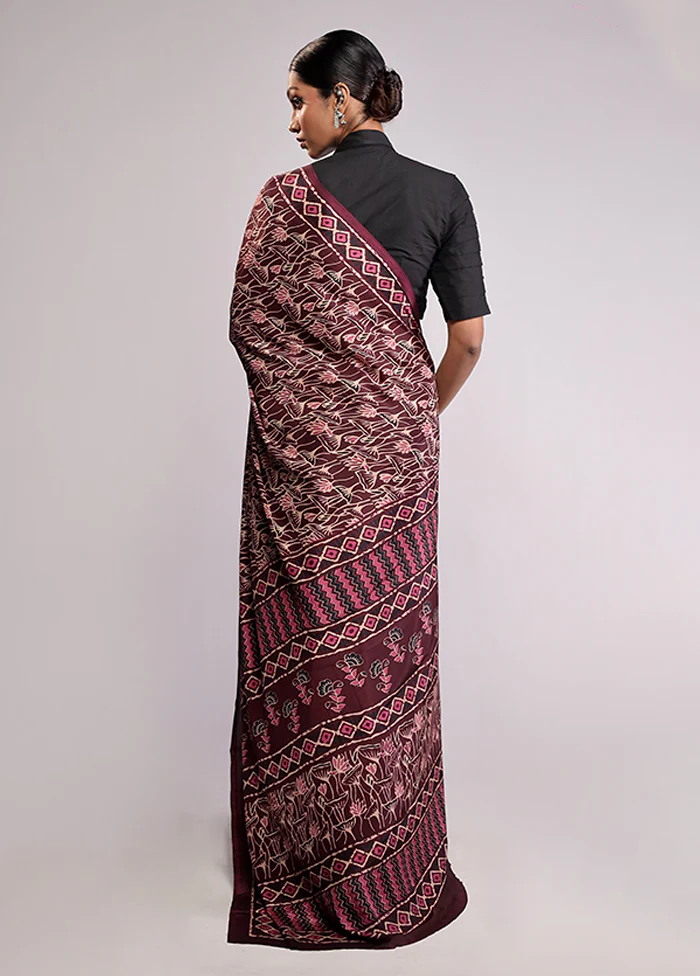 Maroon Printed Silk Saree With Blouse Piece - Image 3