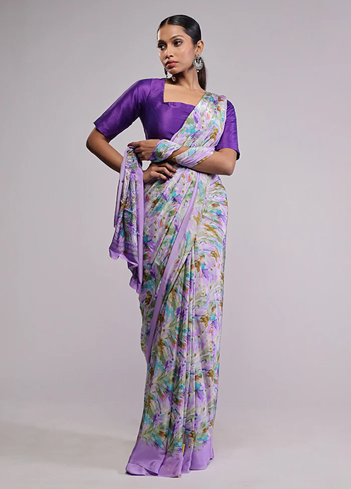 Purple Printed Silk Saree Without Blouse Piece - Image 2