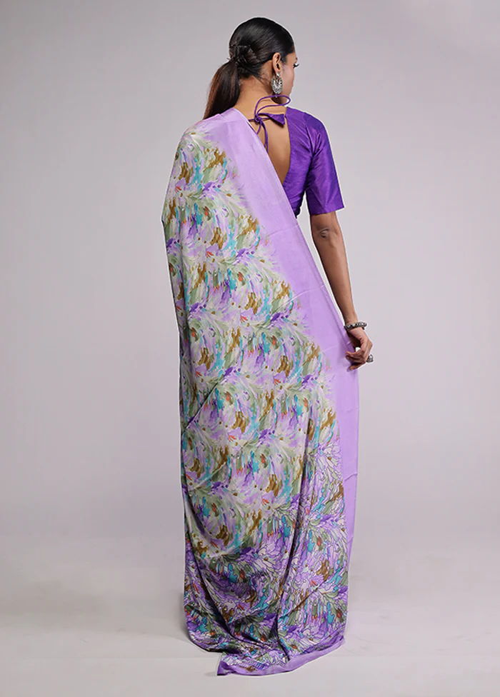 Purple Printed Silk Saree Without Blouse Piece - Image 3