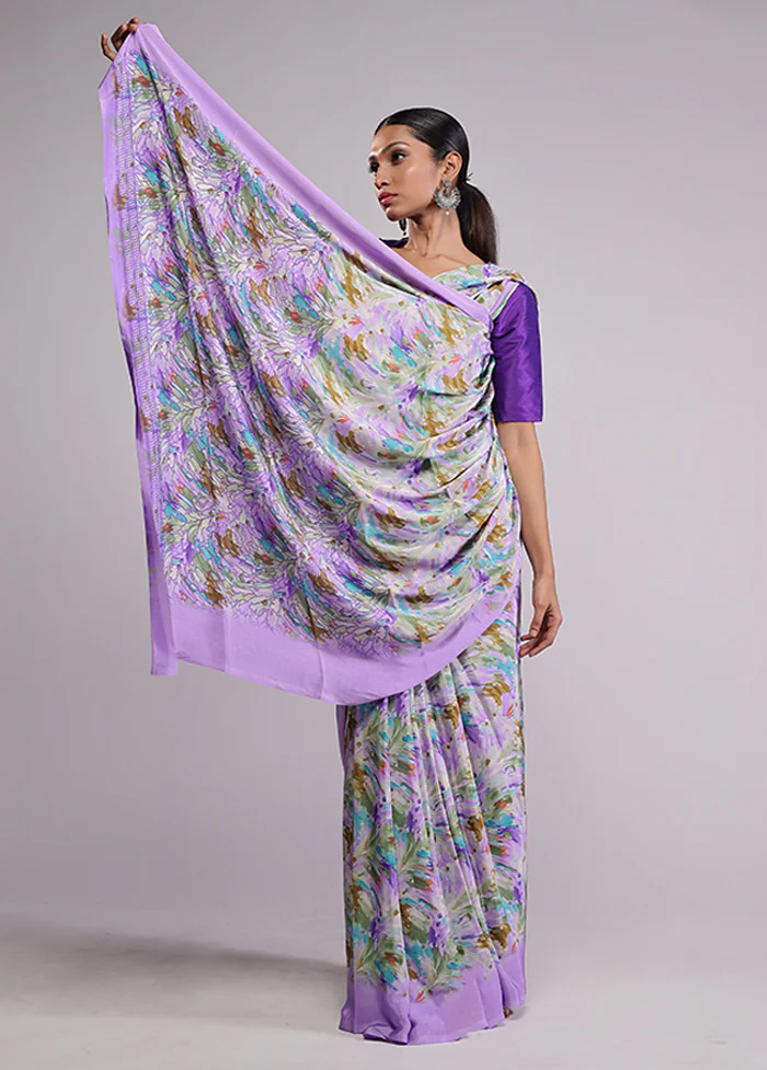 Purple Printed Silk Saree Without Blouse Piece - Image 4
