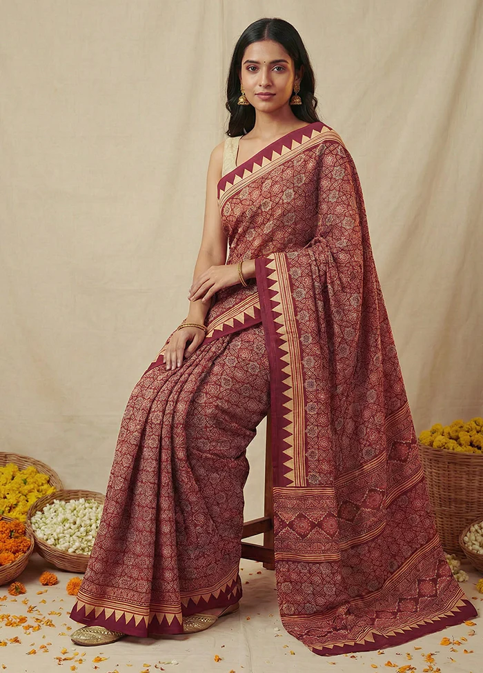 Purple Printed Silk Saree Without Blouse Piece - Image 3