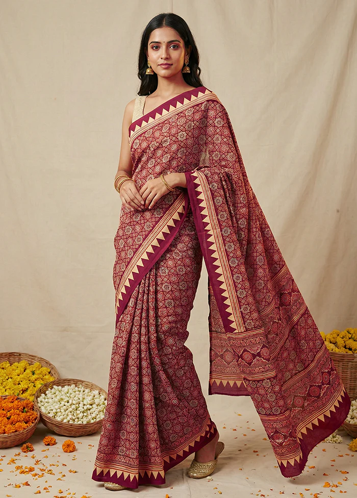 Purple Printed Silk Saree Without Blouse Piece - Image 4