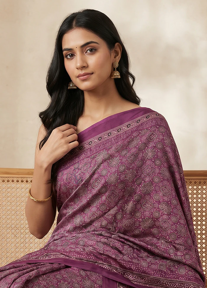 Purple Printed Silk Saree Without Blouse Piece - Image 2