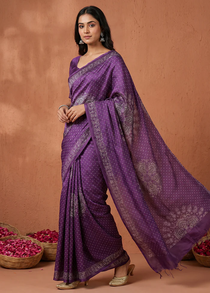Purple Printed Silk Saree Without Blouse Piece
