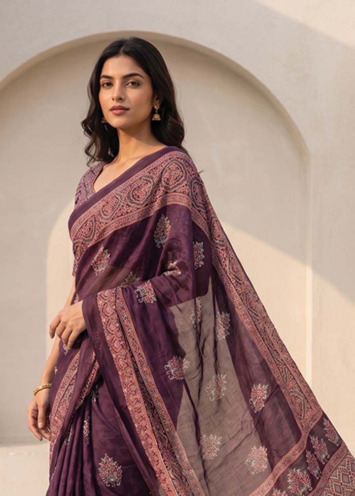 Purple Printed Silk Saree Without Blouse Piece - Image 2