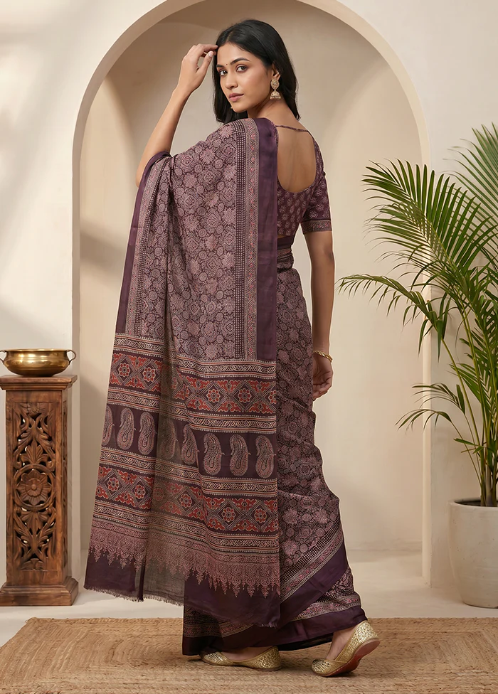 Purple Printed Silk Saree Without Blouse Piece - Image 3